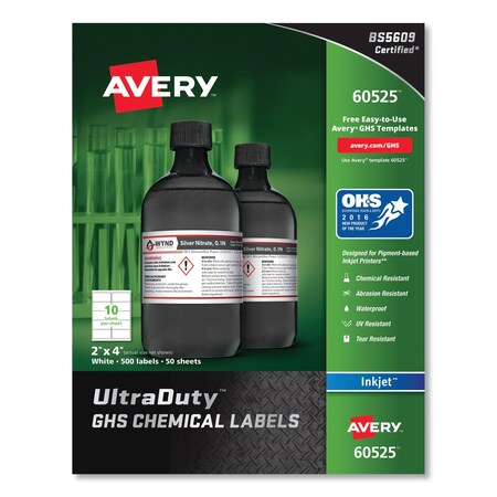 Avery UltraDuty Chemical Waterproof and UV Resistant Labels, 2x4, Wht, PK500 60525